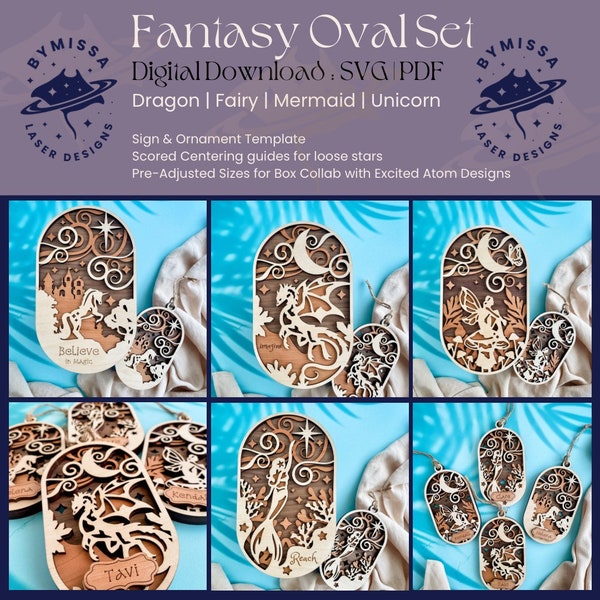 Fantasy Oval PACK: Ornament, Sign Rounds | Dragon, Fairy, Mermaid, Unicorn | SVG/PDF | Glowforge Laser Cutting Template