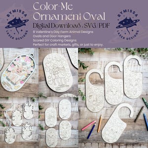 Color-Me Valentine's Farm Animals: Etiquetas de Dia dos Namorados, Rodadas e Ganchos para Porta de Quarto | Coloração DIY | SVG/PDF | Modelo de Corte a Laser Glowforge