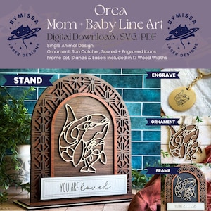 ORCA moeder baby | Los dier | Ornamenten, zonnevangers, lijst, standaard | SVG en pdf | Lasersnijden, Moederdag, Sieraden