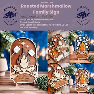 Familiebord met geroosterde marshmallows | Sjablonen voor 2-12 gezinsleden | Schildersezels | SVG/PDF | Lasersnijsjabloon | Perfect voor Vaderdag