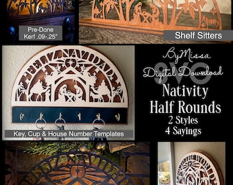 May include: A set of three wooden nativity scene half-round wall decor pieces. The top piece is a shelf sitter with the words "Holy Night" carved into the top. The middle piece is a key holder with the words "Nativity" carved into the top. The bottom piece is a votive holder with the words "Nativity" carved into the top. All three pieces are stained in a dark wood color.