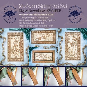 May include: A set of laser cut wood string art designs featuring various themes, including "You Are Good", "Love You More", and a cat. The designs are framed with a decorative border and come with a set of bookmarks.