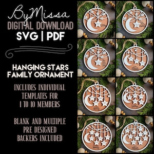 Décorations familiales STAR 1-10 membres de la famille | PDF + SVG | Forge luminescente et découpe laser | Souvenir d'ornement pour bébé et famille