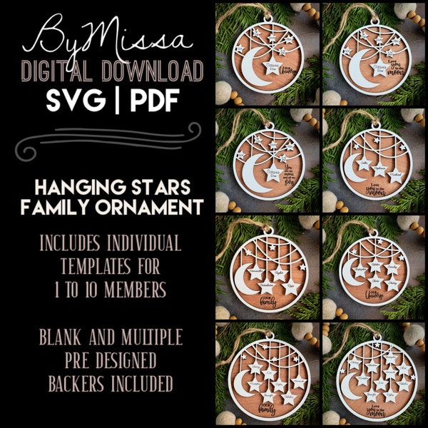 STAR Family Ornaments 1-10 Family Members | PDF + SVG | Glowforge and Laser Cutting| New baby & Family Ornament Keepsake