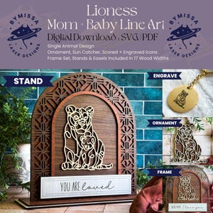 LEEUWIN moeder baby | Los dier | Ornamenten, zonnevangers, lijst, standaard | SVG en pdf | Lasersnijden, Moederdag, Sieraden