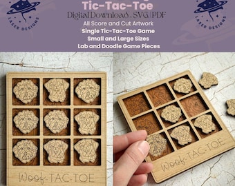 Könnte beinhalten: Holz-Tic-Tac-Toe-Spiel mit Spielsteinen zum Thema Hunde. Das Spielbrett und die Spielsteine sind mit Laser geschnittenen Umrissen von Hunderassen versehen. Der Text "Woof-TAC-TOE" ist auf dem Brett sichtbar. Erhältlich in kleinen und großen Größen.
