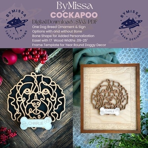 May include: A laser cut wooden ornament and sign featuring a Cockapoo dog breed. The ornament is a silhouette of a Cockapoo's head with a bone shape for personalization. The sign is framed and has a bone shape with the name "Charlie" on it. Both are made of wood and have a natural wood finish.