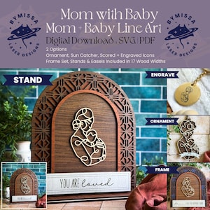 Moeder houdt baby vast | Enkel ontwerp: ornamenten, zonnevangers, lijst, standaard | SVG en pdf | Lasersnijden, Moederdag, Sieraden