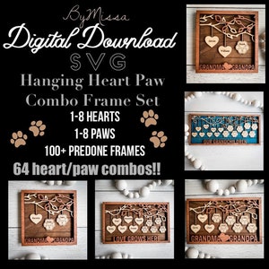 Hanging Heart Paw COMBO Frame Set | Templates for up to 8 Hearts & up to 8 Paws | 100 Custom Frames | SVG  |Glowforge and Laser Cutting