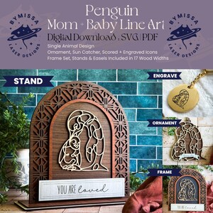 PINGUN moeder baby | Los dier | Ornamenten, zonnevangers, lijst, standaard | SVG en pdf | Lasersnijden, Moederdag, Sieraden