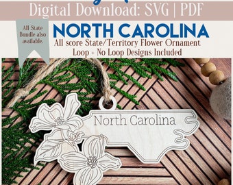 North Carolina| Single State Flower Design| With Ornament Loop & Without | Ornament, Magnet, Sign | SVG/PDF |Laser Cutting Template