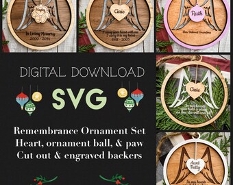 Heart | Paw | Ornament Ball Remembrance Set | SVG | Glowforge and Laser Cutting