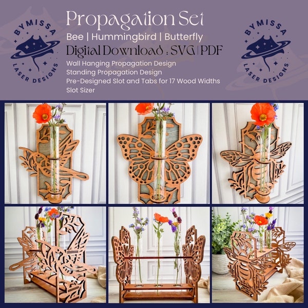 Propagation BUNDLE | Bee, Butterfly, & Hummingbird | Stands and Wall Hanging for Plant Lovers | SVG/PDF | Glowforge Laser Cutting Template