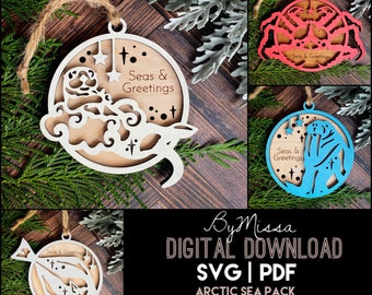 Arctic Sea Creature Set: Otter, Halibut, Walrus, King Crab | 4 NEW Sea Creature Ornaments & Rounds | SVG/PDF | Glowforge Ready | Laser Cut