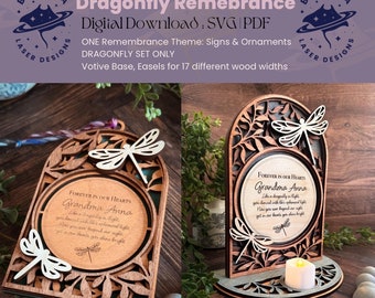 May include: A wooden dragonfly remembrance sign with a votive candle holder. The sign features a dragonfly design with the text "Forever in our hearts Grandma Anna" and a poem about a dragonfly.