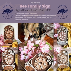 Sinal de família de abelhas | até 16 placas de membros da família para o Dia das Mães, presente para mamãe e vovó | Conjunto de cavalete | SVG/PDF | Modelo de corte a laser