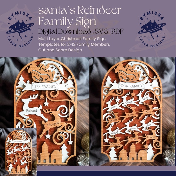 Letrero de la familia de renos de Papá Noel: Plantilla cortada con láser (SVG/PDF)