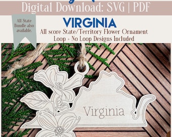 May include: A wooden ornament shaped like the state of Virginia with a floral design and the word "Virginia" inscribed on it. The ornament is on a wooden surface with green foliage.
