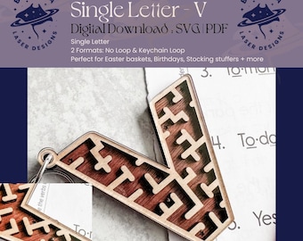 V - Single Letter Maze | Monogram Maze Game, Keychain loop option | SVG/PDF | Laser Cutting | Easter Basket | Stocking Stuffer