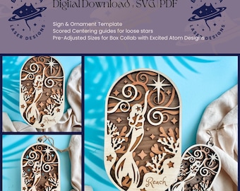 Mermaid Oval Set: Ornament, Sign Rounds | Kid's Room Decor, DIY Party File | SVG/PDF | Glowforge Laser Cutting Template