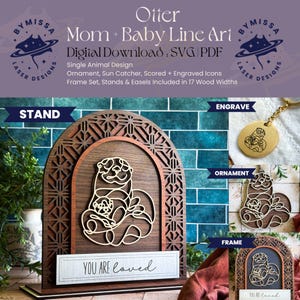 OTTER moeder baby | Los dier | Ornamenten, zonnevangers, lijst, standaard | SVG en pdf | Lasersnijden, Moederdag, Sieraden