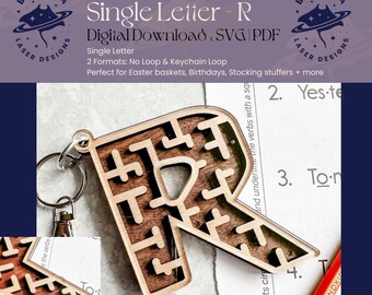 R - Single Letter Maze | Monogram Maze Game, Keychain loop option | SVG/PDF | Laser Cutting | Easter Basket | Stocking Stuffer