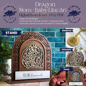 DRAAK moeder baby | Los dier | Ornamenten, zonnevangers, lijst, standaard | SVG en pdf | Lasersnijden, Moederdag, Sieraden