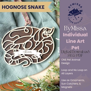 May include: A wooden ornament of a hognose snake with a banner that says "River". The ornament is on a green fabric background. The ornament is for sale as a digital download in SVG and PDF formats.