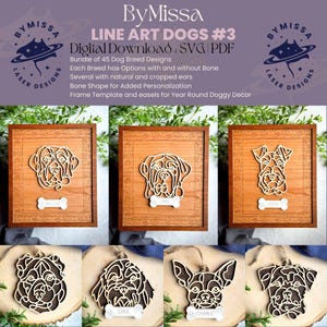 Line Art Dog BUNDLE #3 / 45 disegni di razze di cani / Ornamenti, acchiappasole, decorazioni con cornice / SVG e PDF / Glowforge e taglio laser, amante dei cani