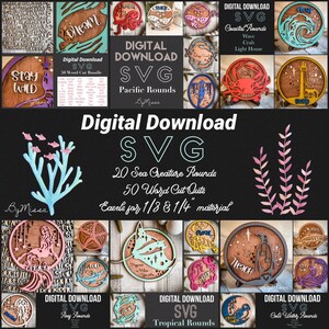 Set van 20 RONDEN zeeteken + 50 woorduitsparingen + schildersezels | SVG | Glowforge en lasersnijden