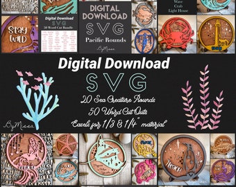 Set of 20 Sea Sign ROUNDS + 50 Word Cut Outs + Easels | SVG | Glowforge and Laser Cutting