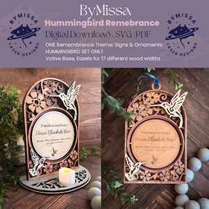 Herinneringsset kolibrie | 1 ontwerpset | bord, votiefhouder, ornament | Monument| Woondecoratie, cadeau | SVG/PDF | Glowforge-lasersnijden