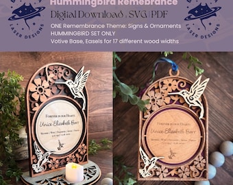 May include: A wooden hummingbird remembrance sign with a votive candle holder. The sign features a hummingbird with intricate floral details and the text "Forever in our Hearts Unice Elizabeth Barr Mother | Wife | Daughter | Sister | Friend 2-17-1956 - 12-28-2023".