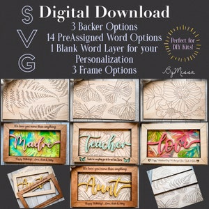 Feminine Gift Frame Set + Easel| 14 Word Layer Options, 3 Frame & 3 Backer Options| Glowforge and Laser Cutting