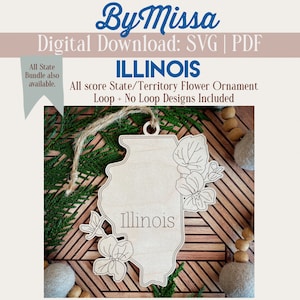 Illinois | Ontwerp met enkele bloem| Met ornamentlus en zonder | Ornament, magneet, bord | SVG/PDF | Glowforge lasersnijsjabloon