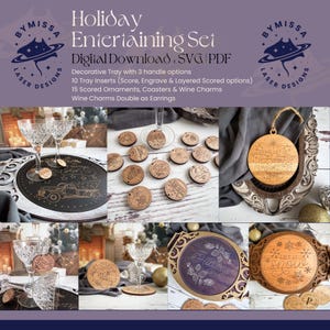 Ensemble divertissement des Fêtes | Décorations, plateau de service, sous-verres, breloques pour le vin | Plus de 15 modèles | SVG/PDF | Glowforge, Gabarit de découpe laser
