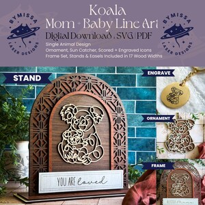 Moeder baby koala | Los dier | Ornamenten, zonnevangers, lijst, standaard | SVG en pdf | Lasersnijden, Moederdag, Sieraden
