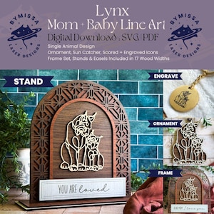 LYNX moeder baby | Los dier | Ornamenten, zonnevangers, lijst, standaard | SVG en pdf | Lasersnijden, Moederdag, Sieraden