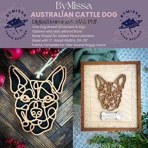 May include: A digital download SVG and PDF file for a laser cut Australian Cattle Dog ornament or sign. The design features a bone shape with the option to add personalization. The ornament is shown in a wooden frame with the name "Shasta" on a bone-shaped tag.