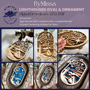 May include: A wooden oval ornament with a lighthouse, stars, and clouds cut out. The ornament is painted in shades of blue and brown. The text "You are a bright light" is engraved on the ornament.