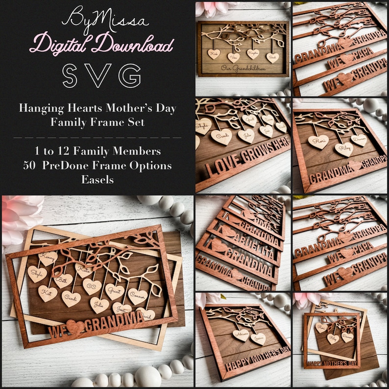 1-12 Member Hanging Hearts Mother's Day Frame Set 50 Custom Frames SVG Glowforge and Laser Cutting image 2