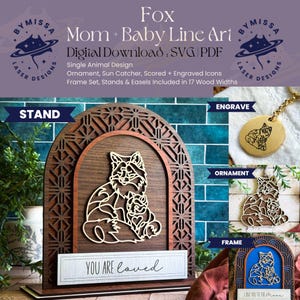 FOX moeder baby | Los dier | Ornamenten, zonnevangers, lijst, standaard | SVG en pdf | Lasersnijden, Moederdag, Sieraden