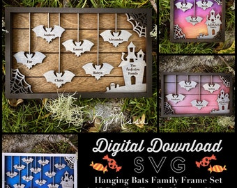 Hanging Bats Family Frame Set 1-12 Family Members | SVG |Glowforge and Laser Cutting