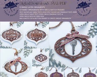 CUSTOMIZABLE Mix & Match Ornament Set | 10 Designs | Splits, Personalize, Hang a Key | SVG/PDF | Glowforge | Laser Cutting