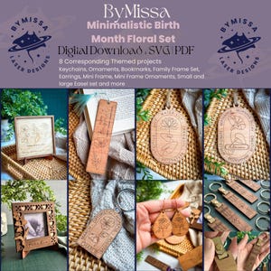Conjunto de arte lineal con flores de nacimiento / Pendientes, letreros, marcapáginas, adornos, minimarcos / SVG y PDF / Glowforge y corte láser, Día de la Madre, Regalo