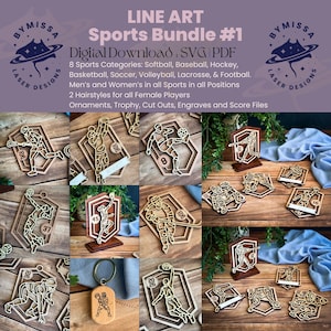 May include: A digital download bundle of laser-cut sports designs featuring line art of softball, baseball, hockey, basketball, soccer, volleyball, lacrosse, and football players. Includes ornaments, trophies, and score files in SVG and PDF formats.