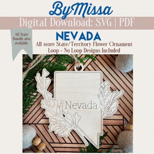 Nevada | Single State Flower Design| With Ornament Loop & Without | Ornament, Magnet, Sign | SVG/PDF | Glowforge Laser Cutting Template