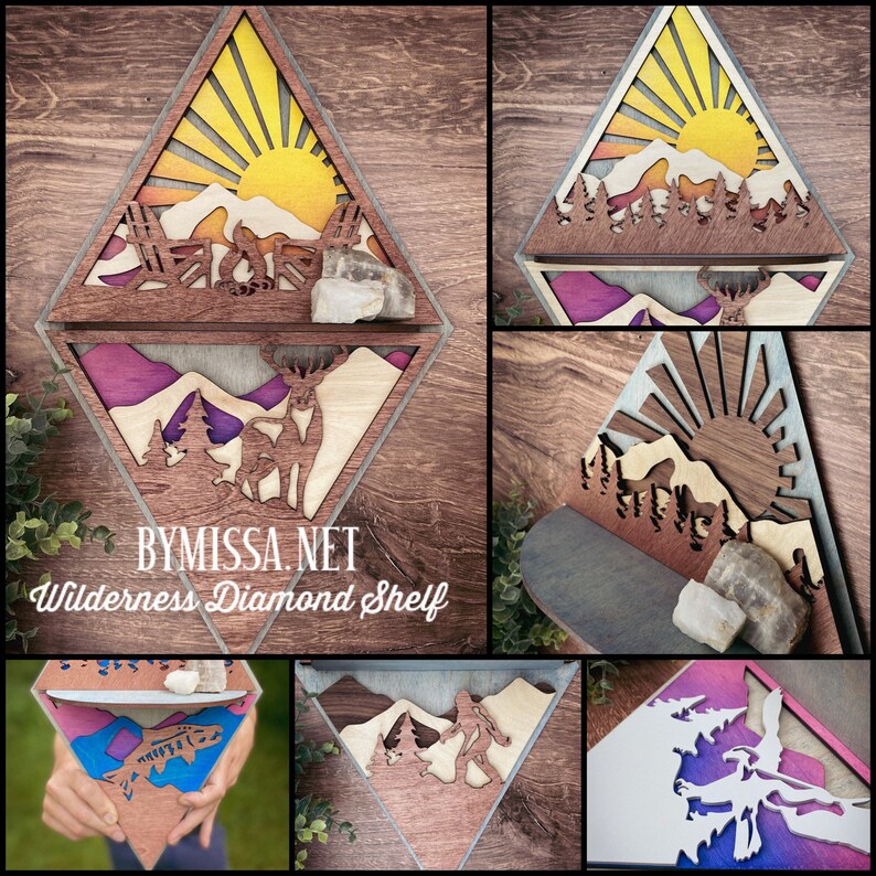 May include: A wooden diamond-shaped shelf with a mountain scene and a deer silhouette. The shelf has two levels and is painted in shades of brown, yellow, and purple. The text "BYMISSA.NET Wilderness Diamond Shelf" is printed on the bottom of the shelf.