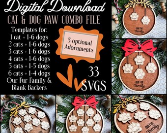 Könnte beinhalten: Eine digitale Download-Datei zum Erstellen von personalisierten Katzen- und Hundepfoten-Anhängern. Die Datei enthält 33 SVGs mit Vorlagen für 1 bis 6 Katzen und 1 bis 6 Hunde sowie leere Rückseiten und optionale Verzierungen. Das Bild zeigt mehrere Beispiele für die fertigen Anhänger.