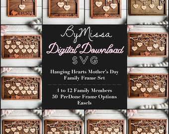 May include: A collection of wooden family frames with heart-shaped ornaments. The frames are brown and feature a tree branch design. Text includes "Grandpa", "Happy Mother's Day", and "Our Grandchildren". The image also includes the text "By Missa Digital Download SVG".